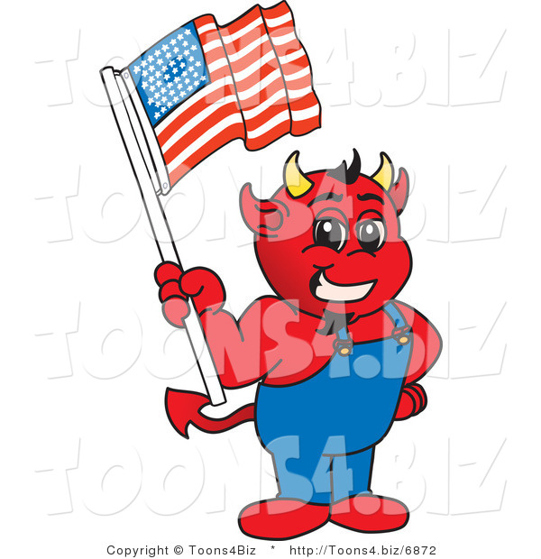Vector Illustration of a Cartoon Devil Mascot Holding an American Flag