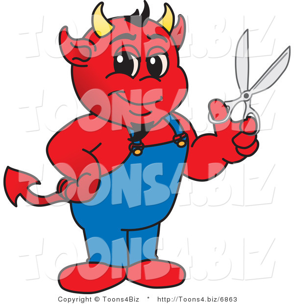 Vector Illustration of a Cartoon Devil Mascot Holding Scissors