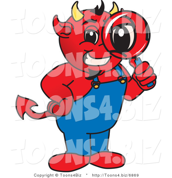 Vector Illustration of a Cartoon Devil Mascot Inspecting