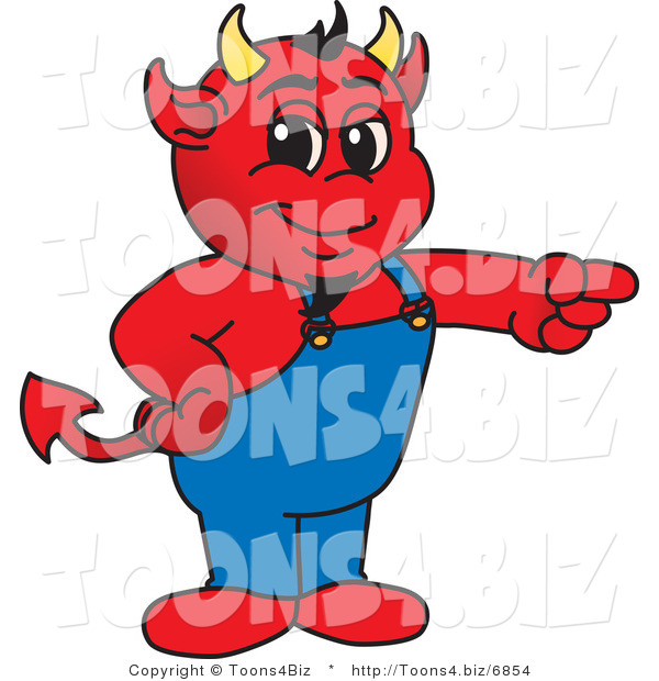 Vector Illustration of a Cartoon Devil Mascot Pointing Right
