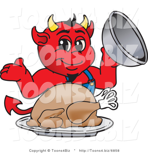 Vector Illustration of a Cartoon Devil Mascot Serving Thanksgiving Turkey