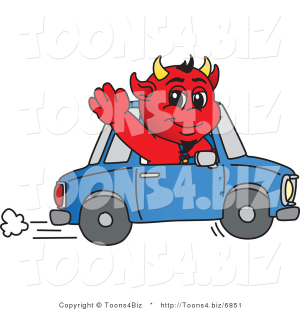 Vector Illustration of a Cartoon Devil Mascot Waving and Driving