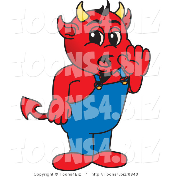 Vector Illustration of a Cartoon Devil Mascot Whispering