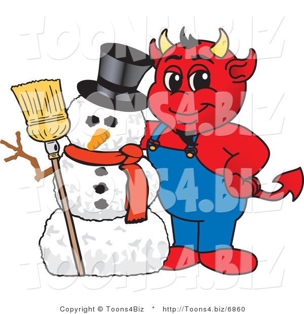 Vector Illustration of a Cartoon Devil Mascot with a Christmas Snowman