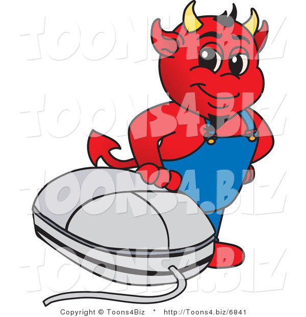 Vector Illustration of a Cartoon Devil Mascot with a Computer Mouse