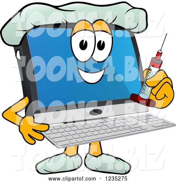 Vector Illustration of a Cartoon Doctor PC Computer Mascot Holding a Vaccine Syringe