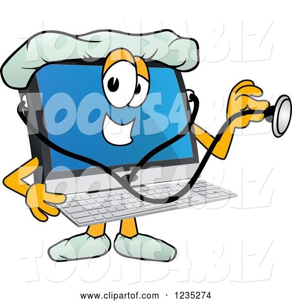 Vector Illustration of a Cartoon Doctor PC Computer Mascot Using a Stethoscope