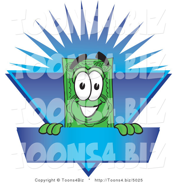 Vector Illustration of a Cartoon Dollar Bill Mascot on a Blank Blue Label with a Burst