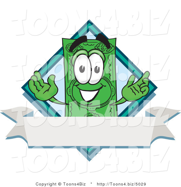Vector Illustration of a Cartoon Dollar Bill Mascot over a Blank White Label