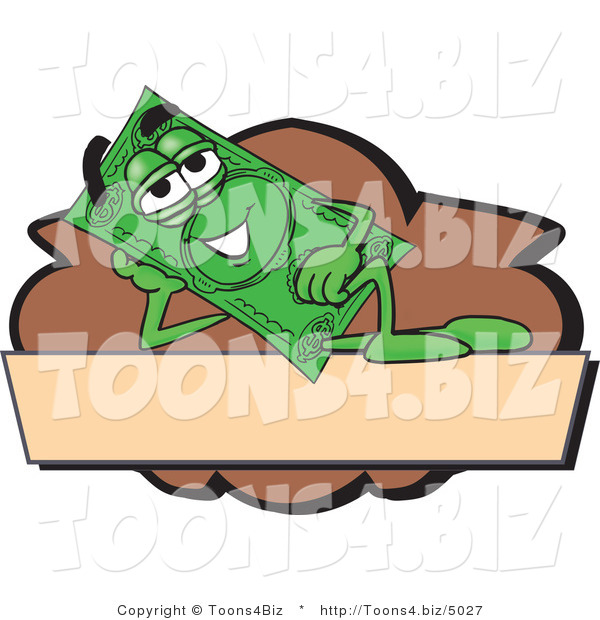 Vector Illustration of a Cartoon Dollar Bill Mascot Reclining on a Blank Tan and Brown Label