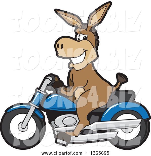 Vector Illustration of a Cartoon Donkey Mascot Character on a Blue Motorcycle