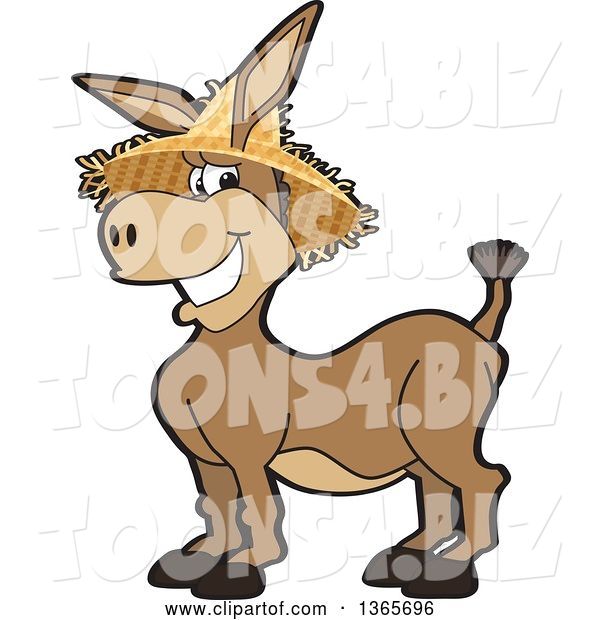 Vector Illustration of a Cartoon Donkey Mascot Character Wearing a Straw Hat