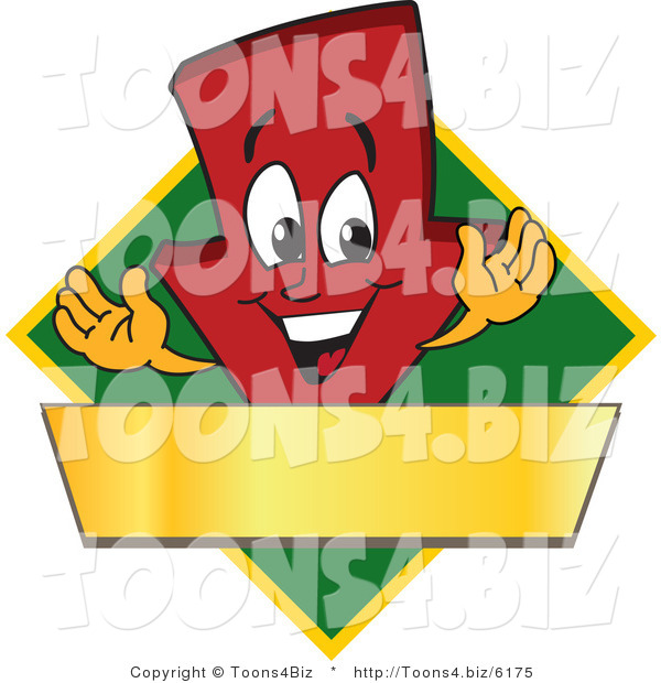 Vector Illustration of a Cartoon down Arrow Logo Mascot on a Green Diamond with a Gold Banner