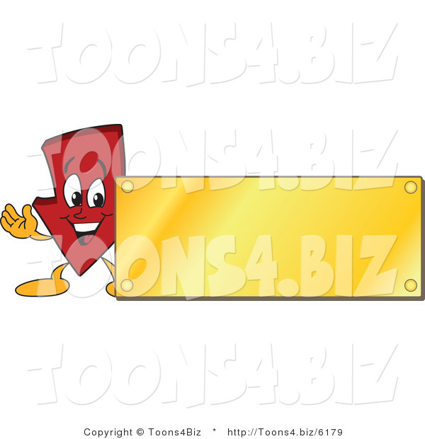 Vector Illustration of a Cartoon down Arrow Logo Mascot with a Gold Plaque Sign