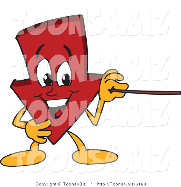 Vector Illustration of a Cartoon down Arrow Mascot Using a Pointer Stick