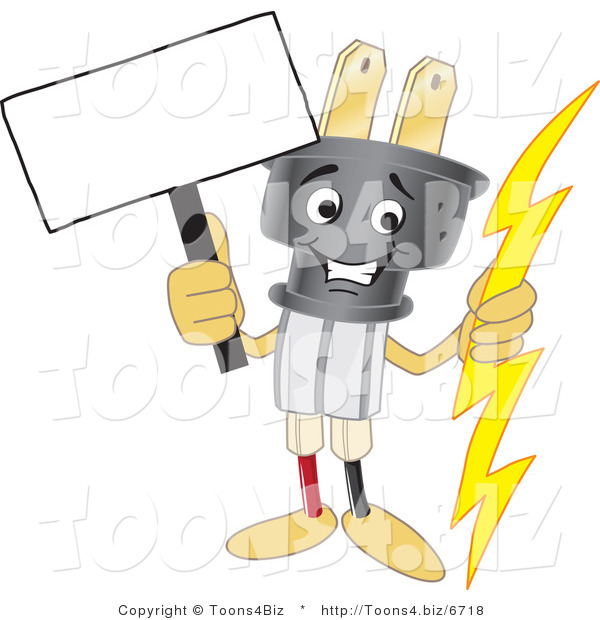 Vector Illustration of a Cartoon Electric Plug Mascot Holding a Blank Sign