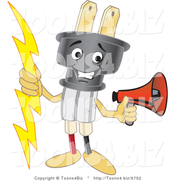 Vector Illustration of a Cartoon Electric Plug Mascot Holding a Megaphone