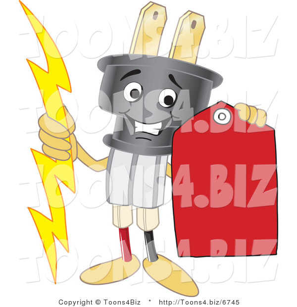 Vector Illustration of a Cartoon Electric Plug Mascot Holding a Red Price Tag
