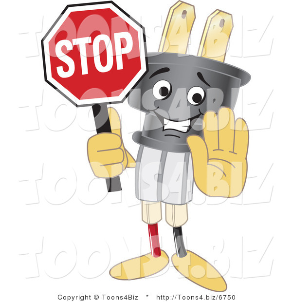 Vector Illustration of a Cartoon Electric Plug Mascot Holding a Stop Sign