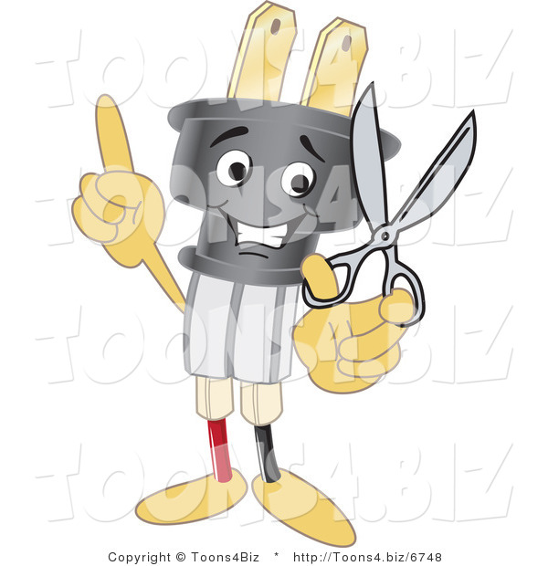 Vector Illustration of a Cartoon Electric Plug Mascot Holding Scissors