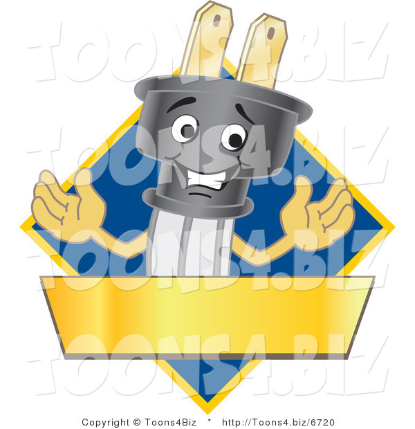 Vector Illustration of a Cartoon Electric Plug Mascot Logo with a Blue Diamond and Gold Banner