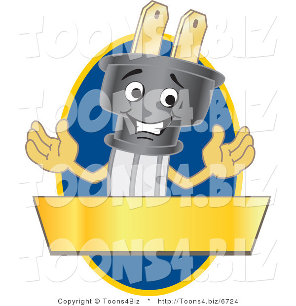 Vector Illustration of a Cartoon Electric Plug Mascot Logo with a Blue Oval and Gold Banner