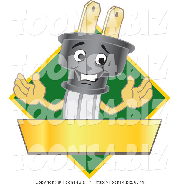 Vector Illustration of a Cartoon Electric Plug Mascot Logo with a Green Diamond and Gold Banner