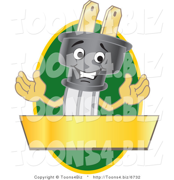 Vector Illustration of a Cartoon Electric Plug Mascot Logo with a Green Oval and Gold Banner