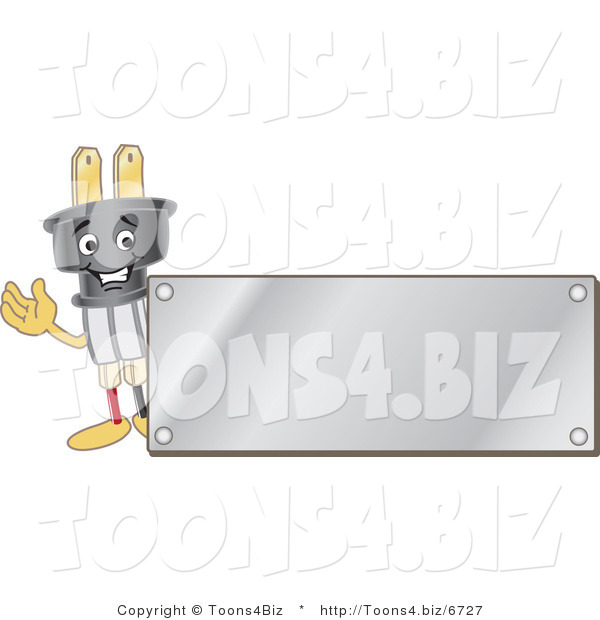 Vector Illustration of a Cartoon Electric Plug Mascot Logo with a Silver Plaque