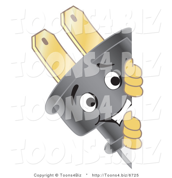Vector Illustration of a Cartoon Electric Plug Mascot Looking Around a Blank Sign