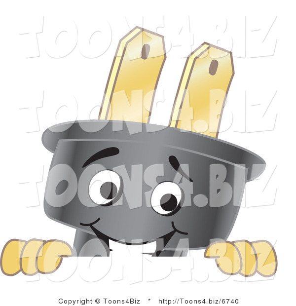 Vector Illustration of a Cartoon Electric Plug Mascot Looking over a Blank Sign