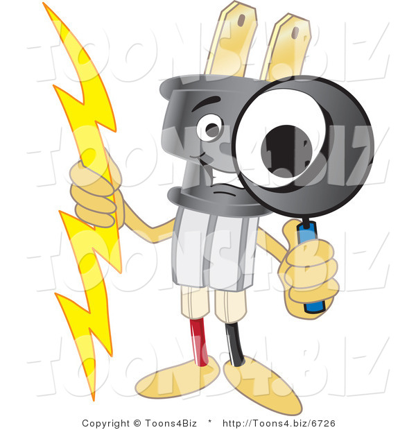 Vector Illustration of a Cartoon Electric Plug Mascot Using a Magnifying Glass