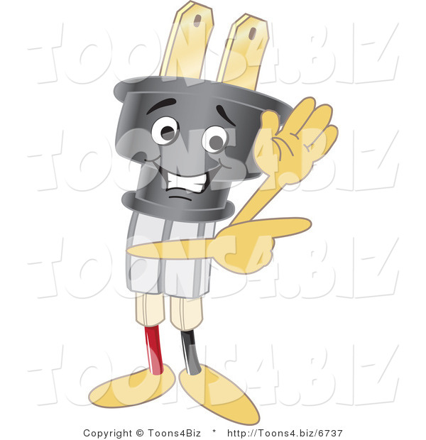 Vector Illustration of a Cartoon Electric Plug Mascot Waving and Pointing