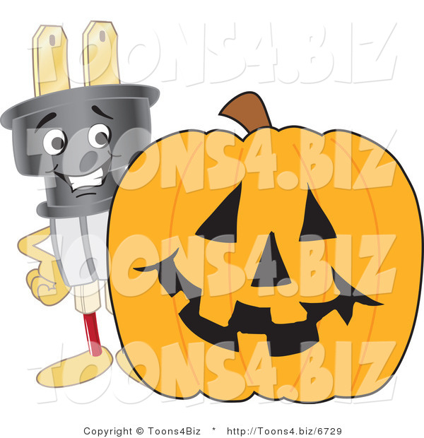 Vector Illustration of a Cartoon Electric Plug Mascot with a Halloween Pumpkin