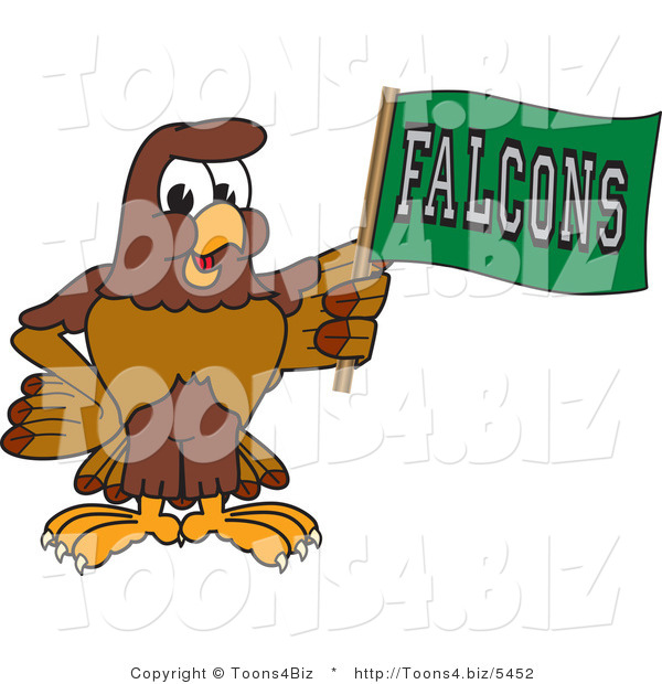 Vector Illustration of a Cartoon Falcon Mascot Character Waving a Falcons Flag