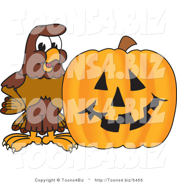 Vector Illustration of a Cartoon Falcon Mascot Character with a Pumpkin