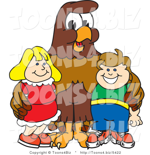 Vector Illustration of a Cartoon Falcon Mascot Character with Children