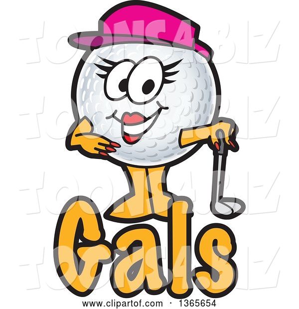 Vector Illustration of a Cartoon Female Golf Ball Sports Mascot over Gals Text