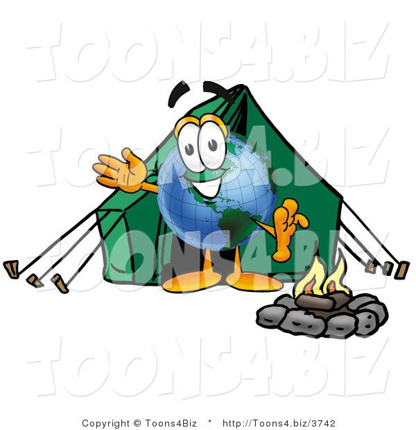 Vector Illustration of a Cartoon Globe Mascot Camping with a Tent and Fire