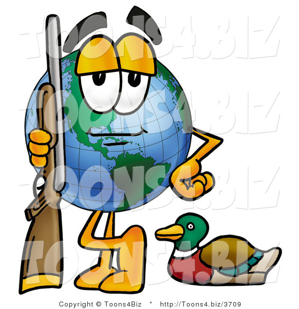 Vector Illustration of a Cartoon Globe Mascot Duck Hunting, Standing with a Rifle and Duck