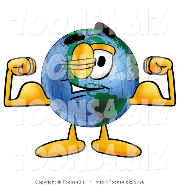 Vector Illustration of a Cartoon Globe Mascot Flexing His Arm Muscles