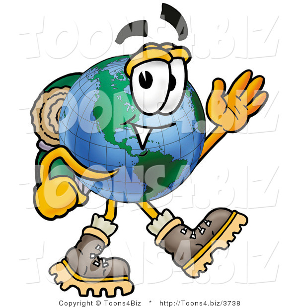 Vector Illustration of a Cartoon Globe Mascot Hiking and Carrying a Backpack