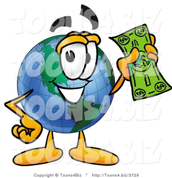Vector Illustration of a Cartoon Globe Mascot Holding a Dollar Bill