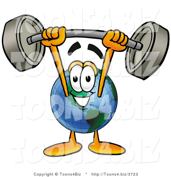 Vector Illustration of a Cartoon Globe Mascot Holding a Heavy Barbell Above His Head
