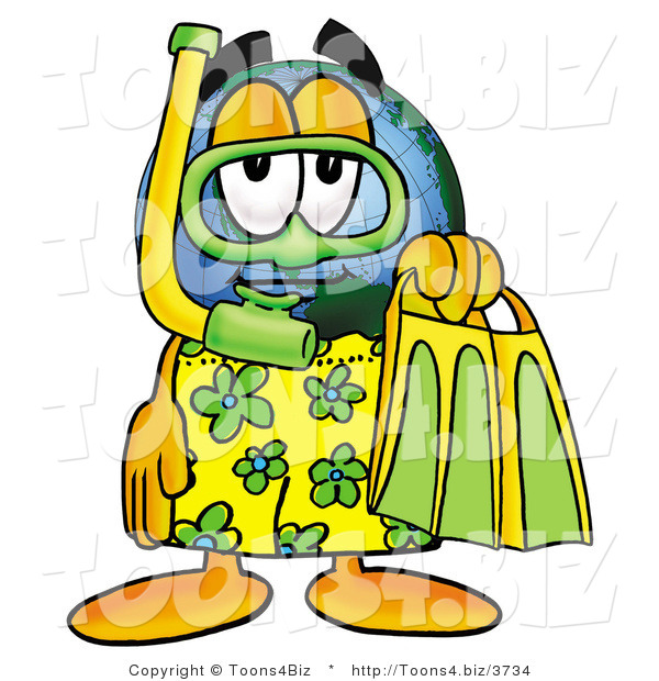 Vector Illustration of a Cartoon Globe Mascot in Green and Yellow Snorkel Gear