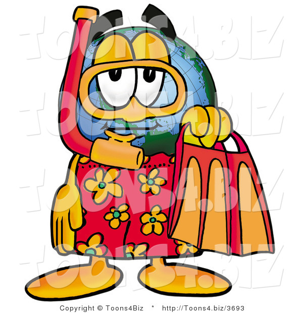 Vector Illustration of a Cartoon Globe Mascot in Orange and Red Snorkel Gear