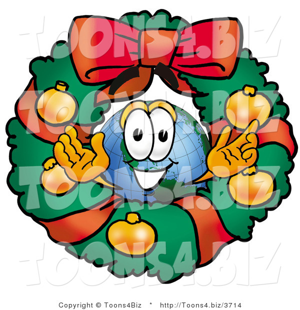 Vector Illustration of a Cartoon Globe Mascot in the Center of a Christmas Wreath