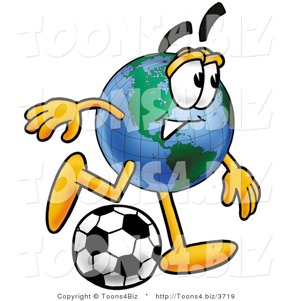 Vector Illustration of a Cartoon Globe Mascot Kicking a Soccer Ball