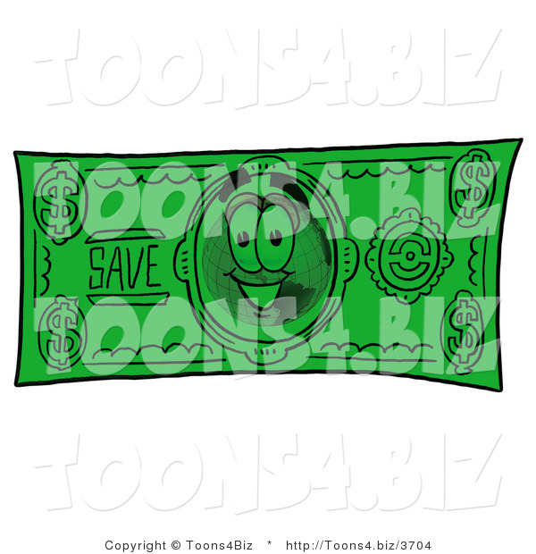 Vector Illustration of a Cartoon Globe Mascot on a Dollar Bill