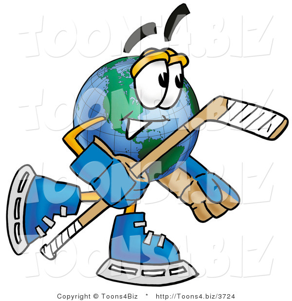 Vector Illustration of a Cartoon Globe Mascot Playing Ice Hockey
